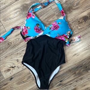Floral Blue and Black Womens One Piece Swimsuit